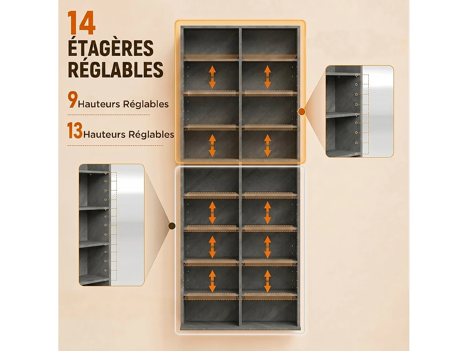 Étagère pour CD et DVD - 18 compartiments, 14 étagères réglables - 78,5x24x175cm - gris