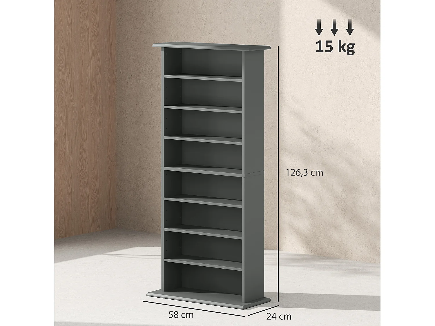 Étagère range CD - meuble rangement CD DVD - 8 compartiments, 6 étagères réglables - max 360 CD/185 DVD - gris