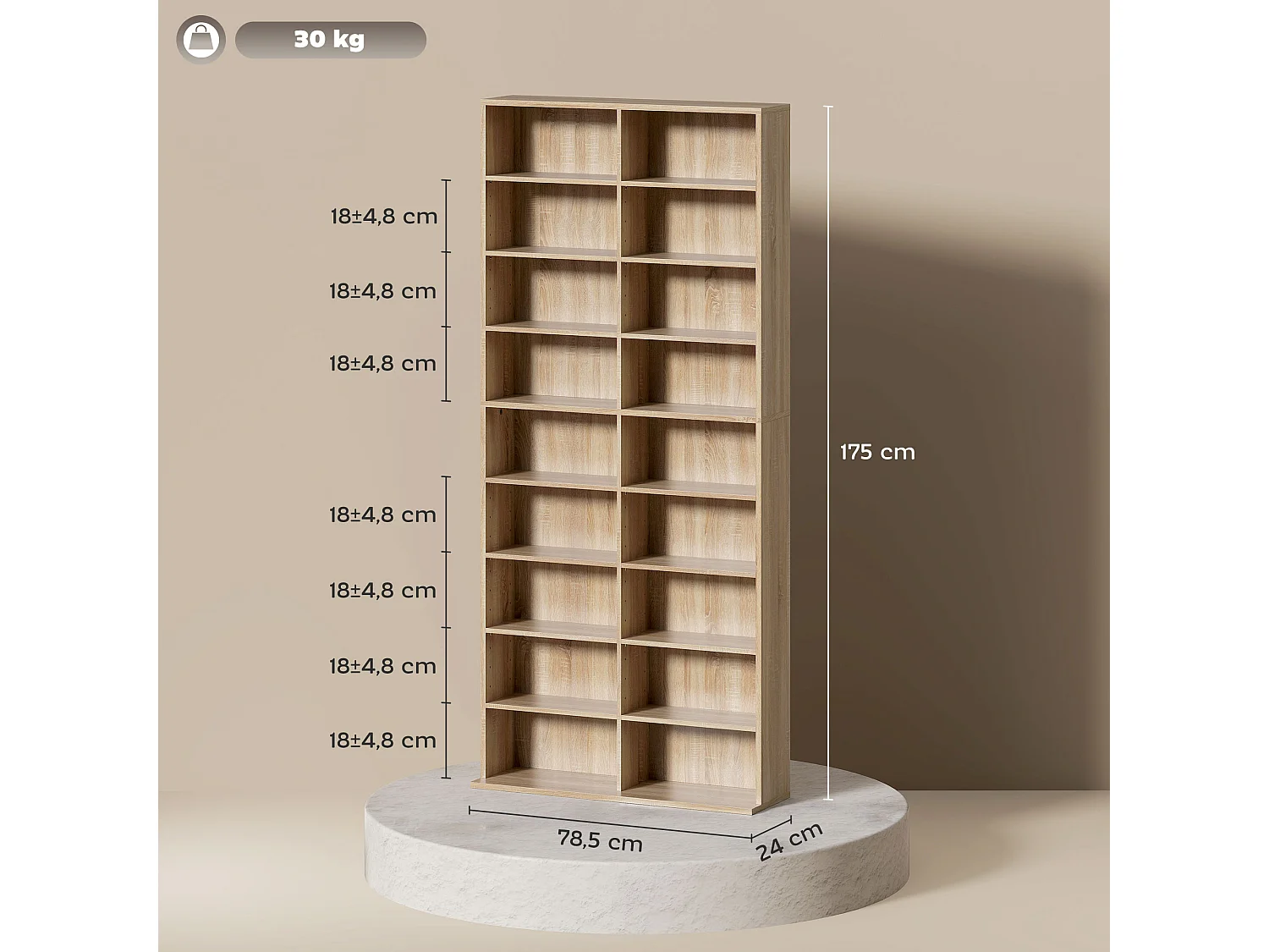 Étagère pour CD et DVD - 18 compartiments, 14 étagères réglables - 78,5x24x175cm - naturel
