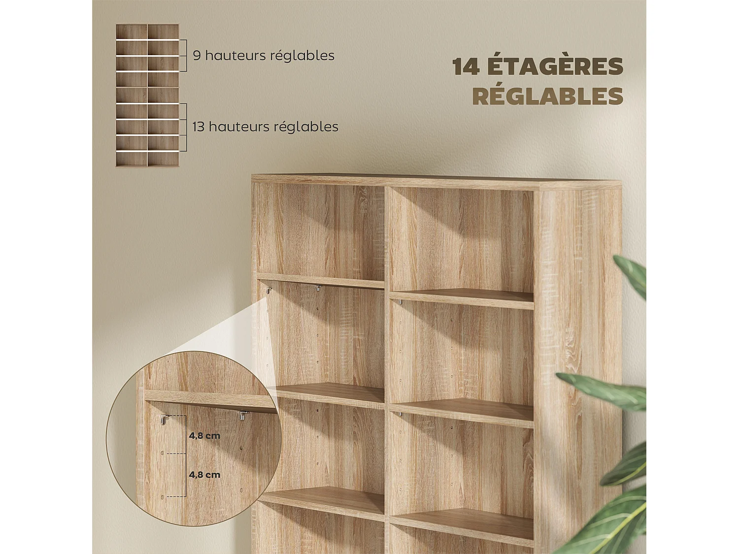 Étagère pour CD et DVD - 18 compartiments, 14 étagères réglables - 78,5x24x175cm - naturel