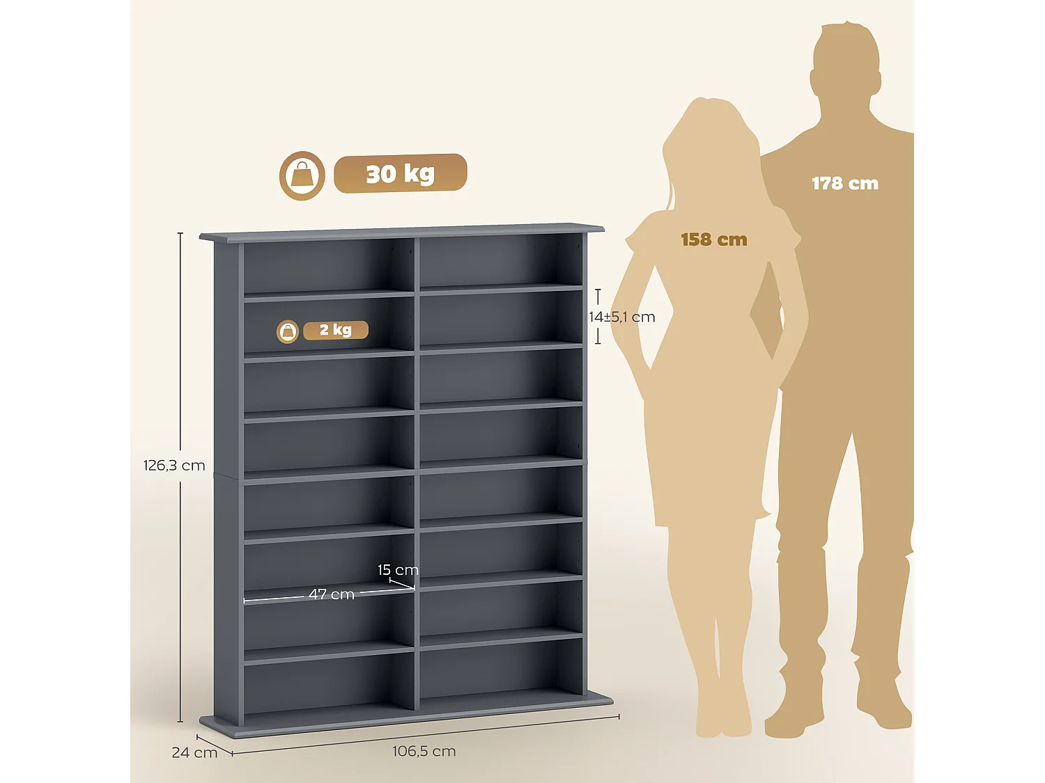 Étagère range CD - meuble rangement CD DVD - 16 compartiments, 12 étagères réglables - max 720 CD/396 DVD - gris