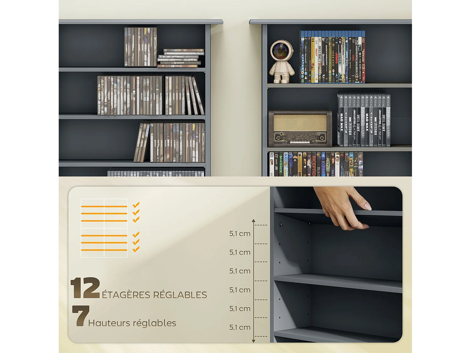 Étagère range CD - meuble rangement CD DVD - 16 compartiments, 12 étagères réglables - max 720 CD/396 DVD - gris