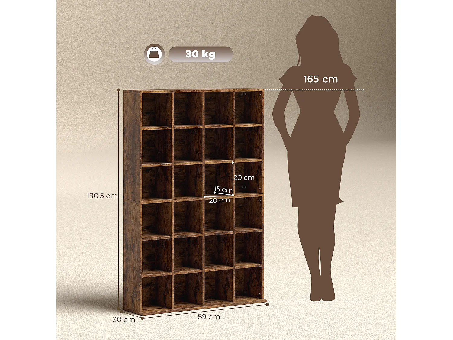 Étagère rangement CD/DVD - rangement 456 CDs 24 compartiments réglables - 89 x 20 x 130 cm - effet bois vieilli