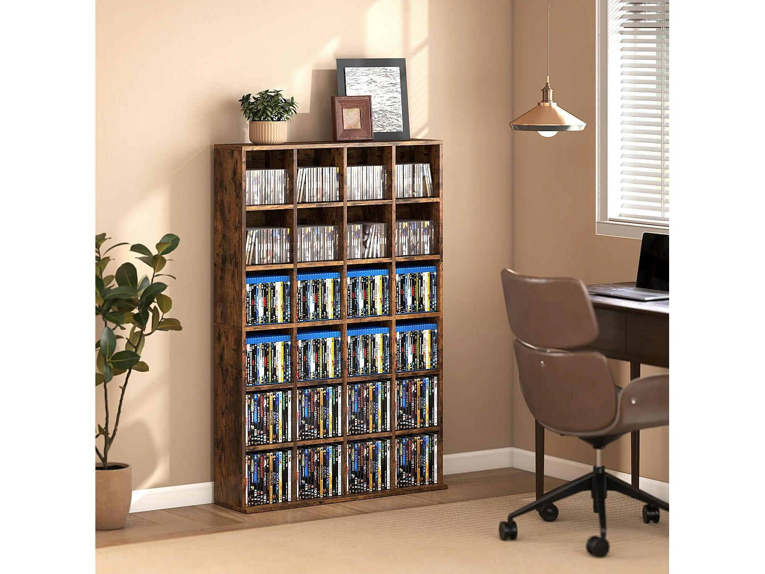 Étagère rangement CD/DVD - rangement 456 CDs 24 compartiments réglables - 89 x 20 x 130 cm - effet bois vieilli