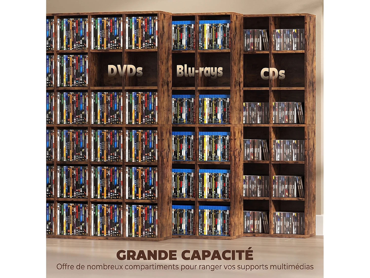 Étagère rangement CD/DVD - rangement 456 CDs 24 compartiments réglables - 89 x 20 x 130 cm - effet bois vieilli