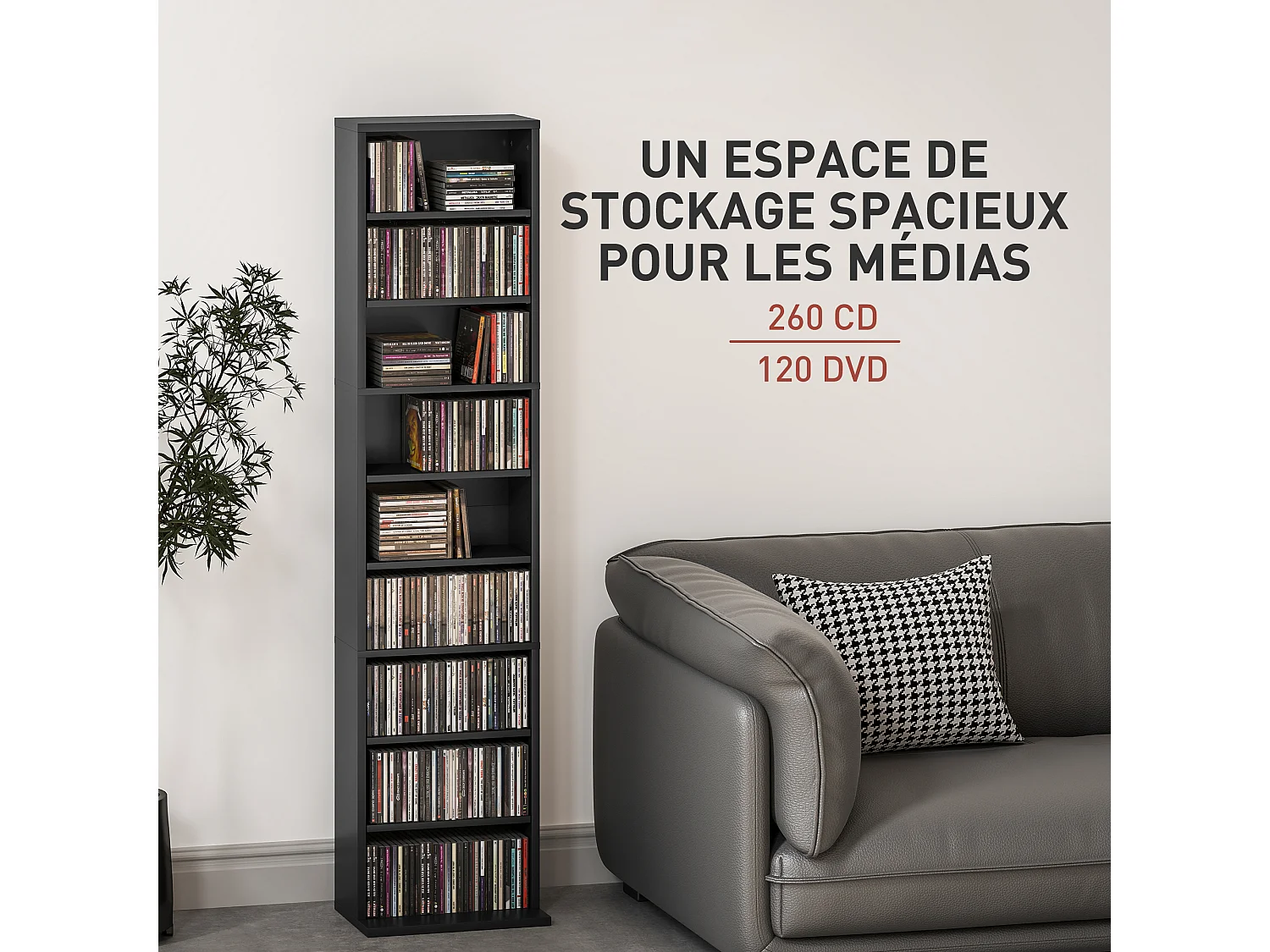 Étagère pour CD et DVD - 9 compartiments, 6 étagères réglables - 33x24x140cm - noir