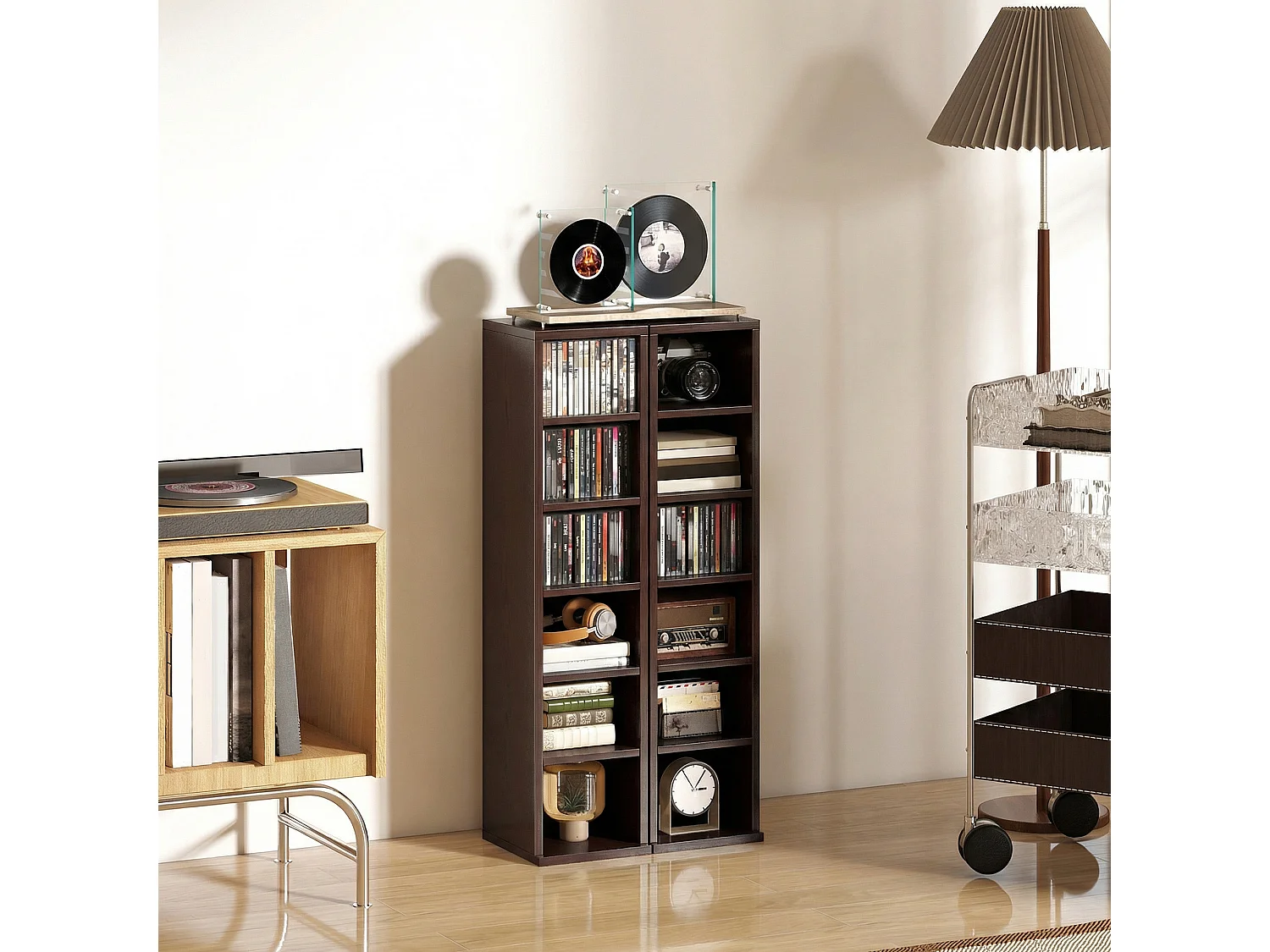 Lot de 2 armoires de rangement CD-DVD 6 + 6 compartiments - max. 204 CD - effet bois noyer