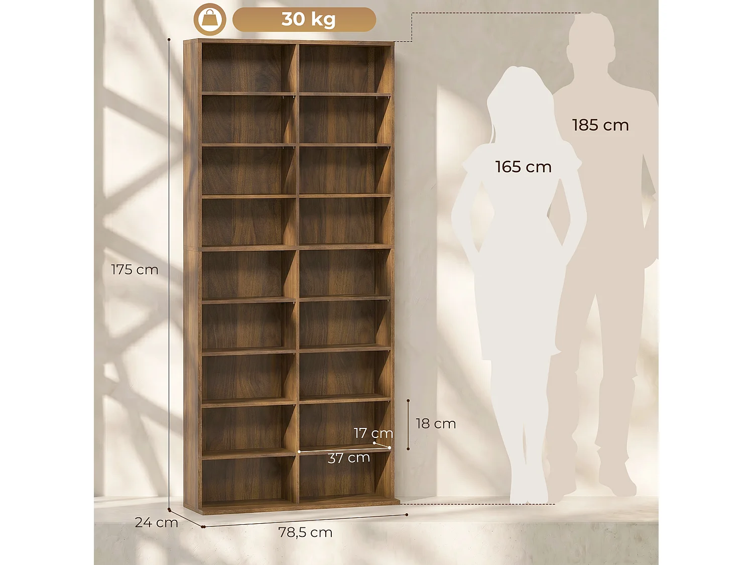 Étagère pour CD et DVD - 18 compartiments, 14 étagères réglables - 78,5x24x175cm - noyer