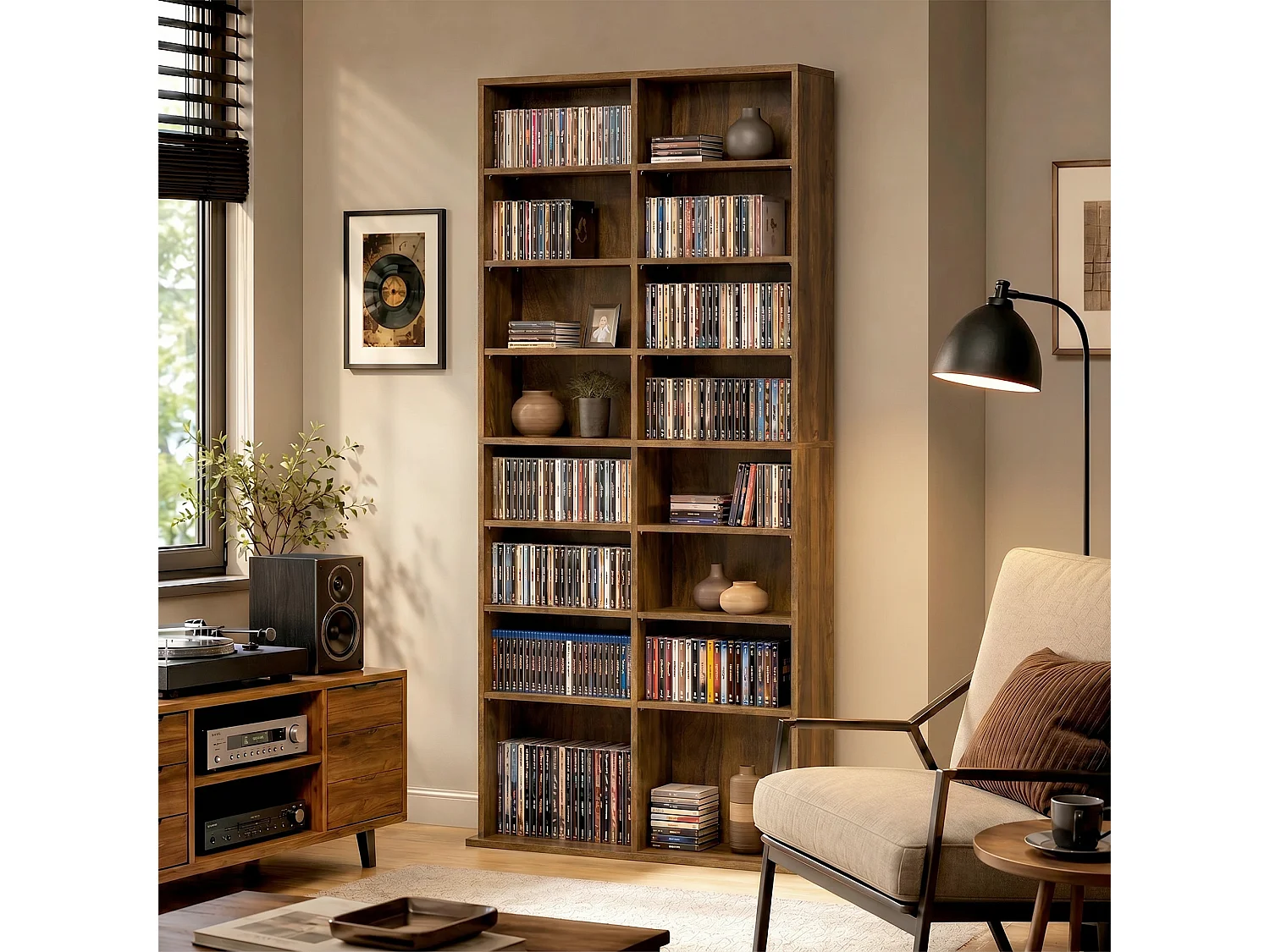 Étagère pour CD et DVD - 18 compartiments, 14 étagères réglables - 78,5x24x175cm - noyer