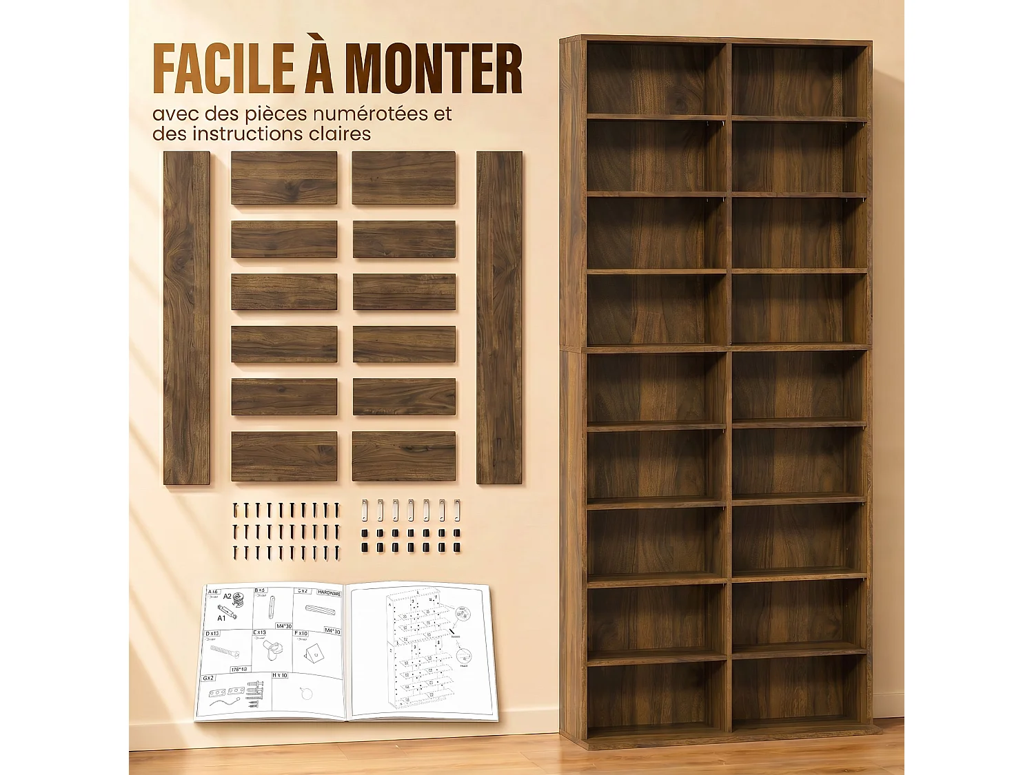 Étagère pour CD et DVD - 18 compartiments, 14 étagères réglables - 78,5x24x175cm - noyer