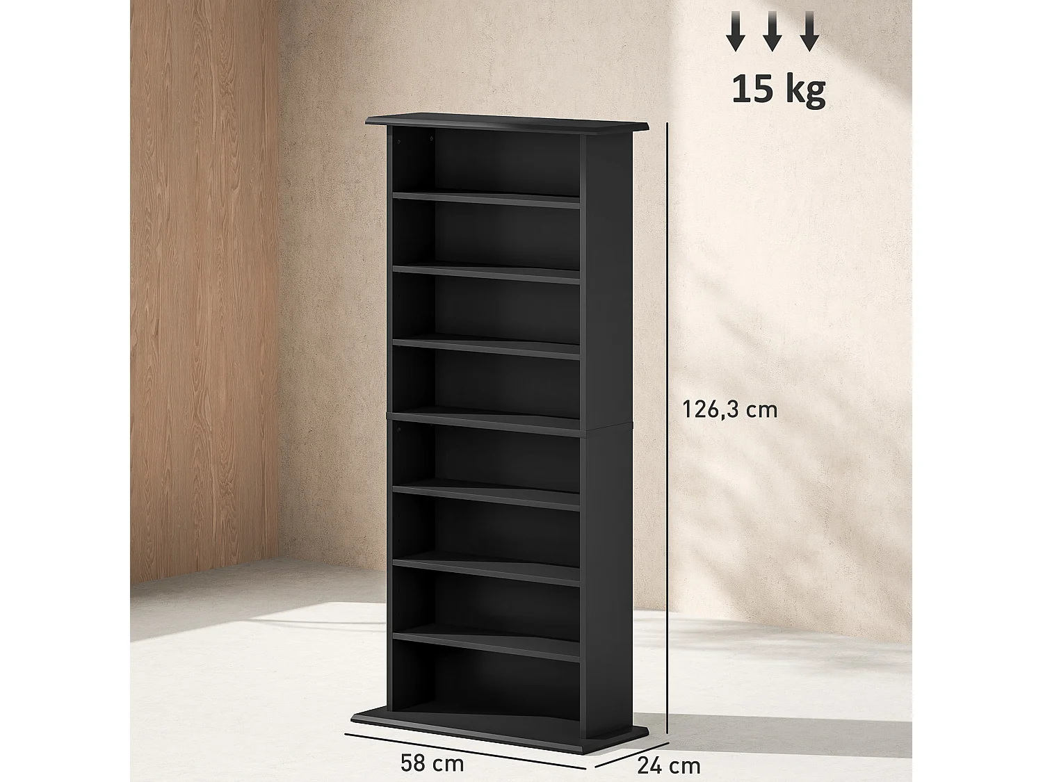 Étagère range CD - meuble rangement CD DVD - 8 compartiments, 6 étagères réglables - max 360 CD/185 DVD - noir