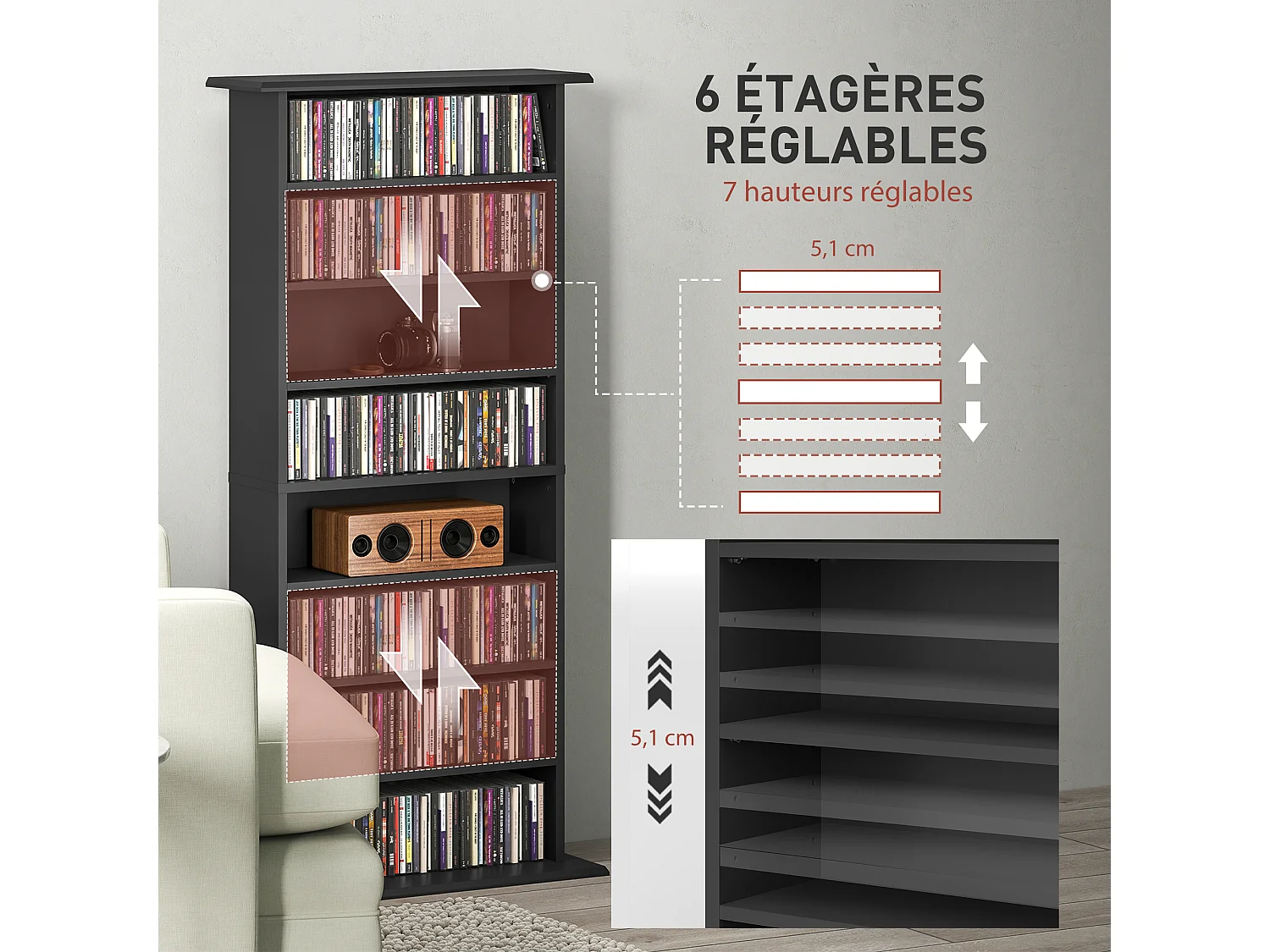 Étagère range CD - meuble rangement CD DVD - 8 compartiments, 6 étagères réglables - max 360 CD/185 DVD - noir