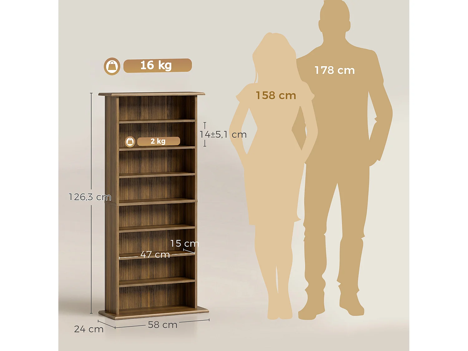 Étagère range CD - meuble rangement CD DVD - 8 compartiments, 6 étagères réglables - effet bois