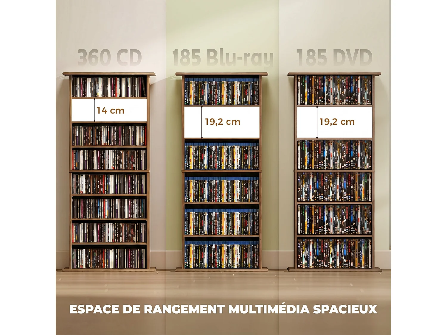 Étagère range CD - meuble rangement CD DVD - 8 compartiments, 6 étagères réglables - effet bois