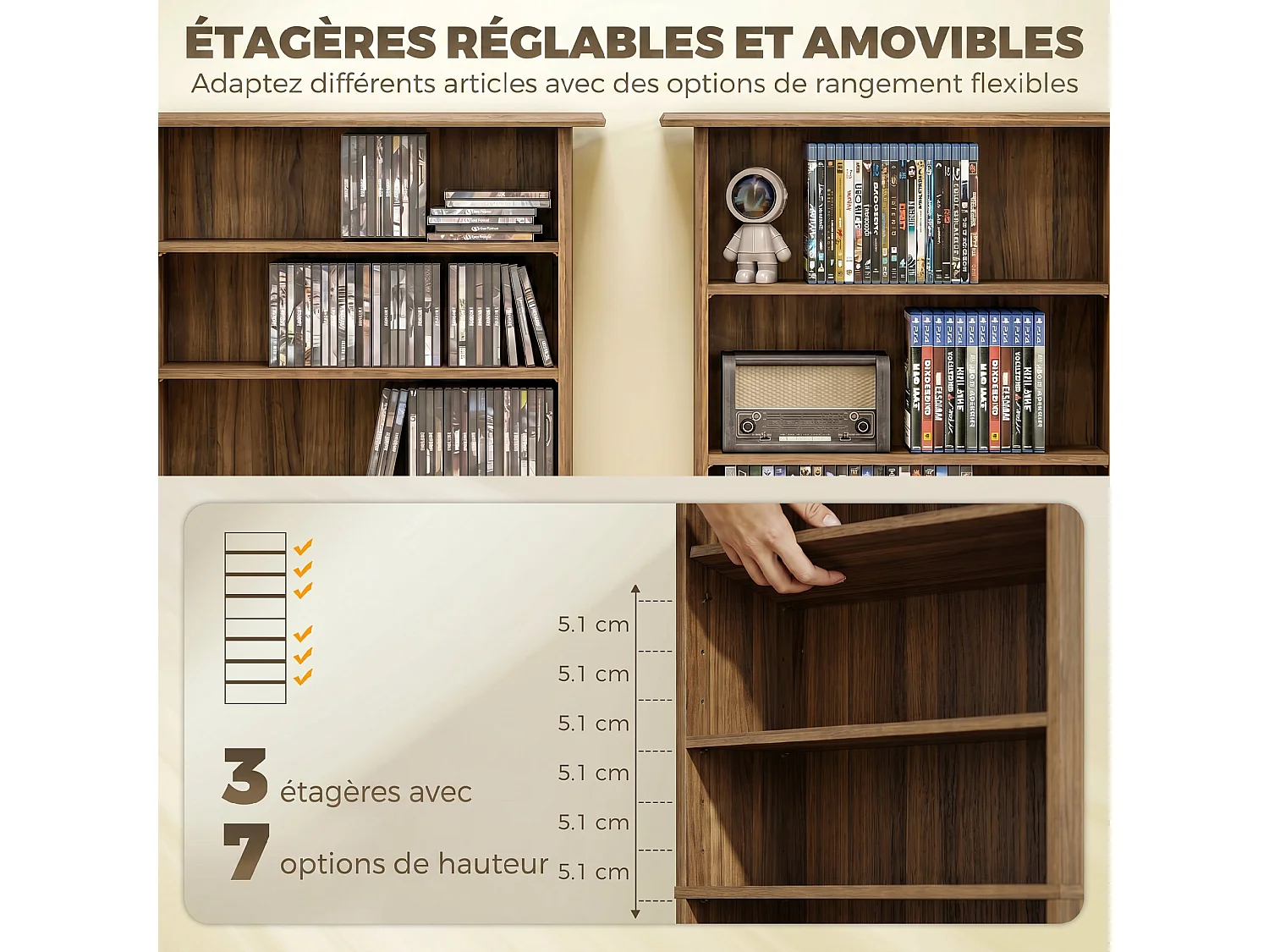 Étagère range CD - meuble rangement CD DVD - 8 compartiments, 6 étagères réglables - effet bois