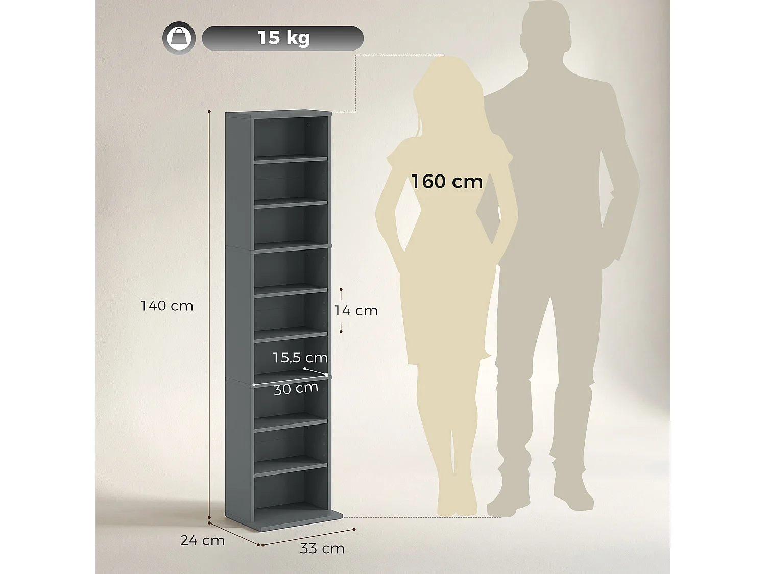 Étagère pour CD et DVD - 9 compartiments, 6 étagères réglables - 33x24x140cm - gris