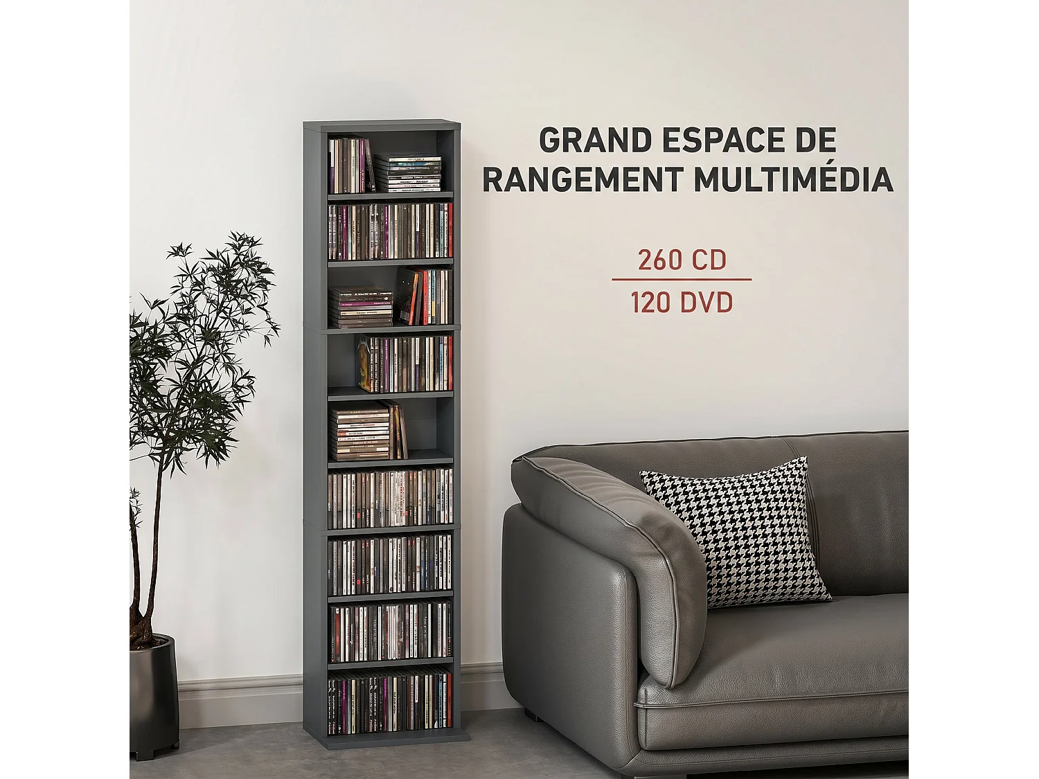 Étagère pour CD et DVD - 9 compartiments, 6 étagères réglables - 33x24x140cm - gris