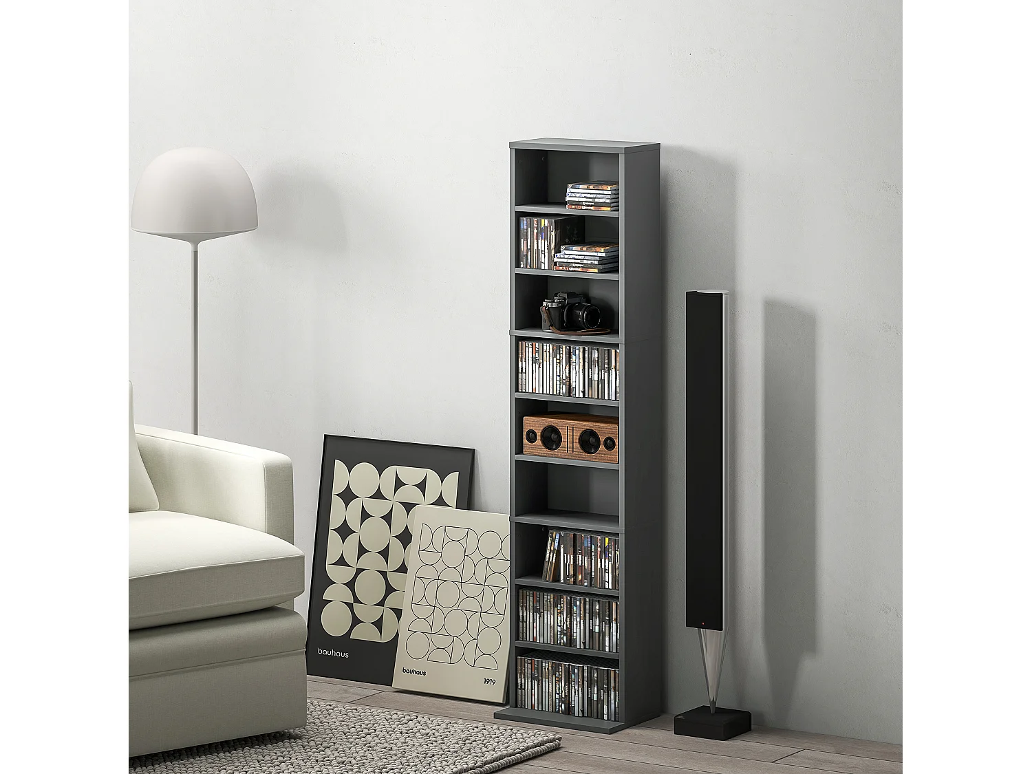 Étagère pour CD et DVD - 9 compartiments, 6 étagères réglables - 33x24x140cm - gris