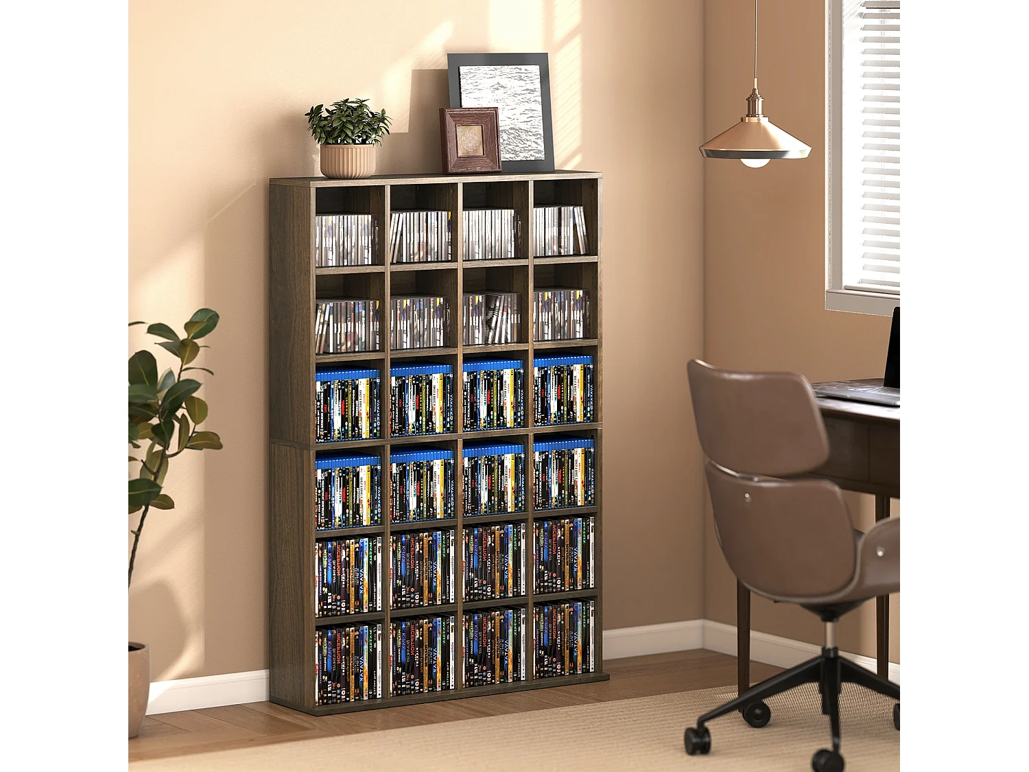 Étagère rangement CD/DVD - rangement 456 CDs 24 compartiments réglables - 89 x 20 x 130 cm - effet bois