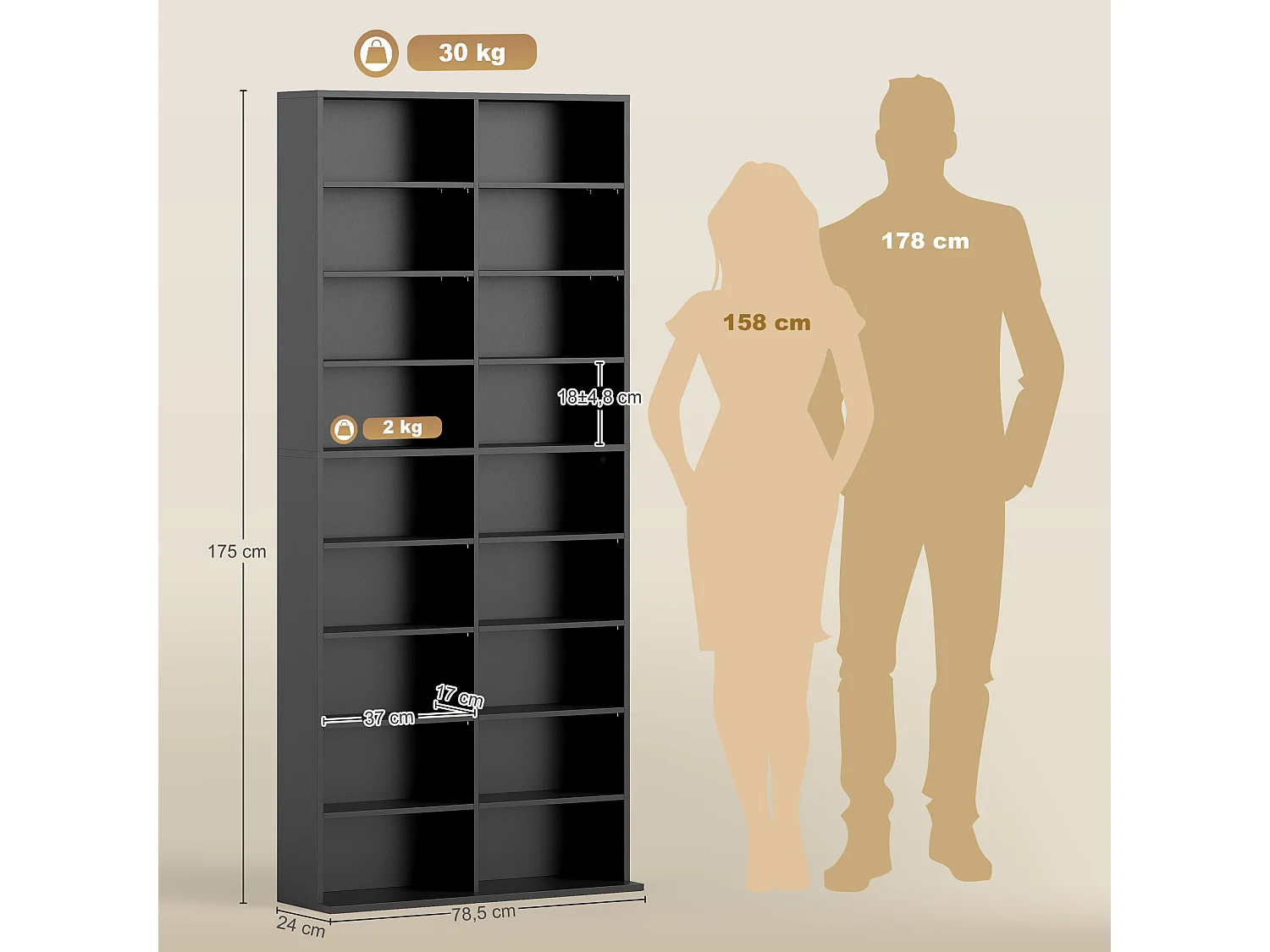 Étagère pour CD et DVD - 18 compartiments, 14 étagères réglables - 78,5x24x175cm - noir