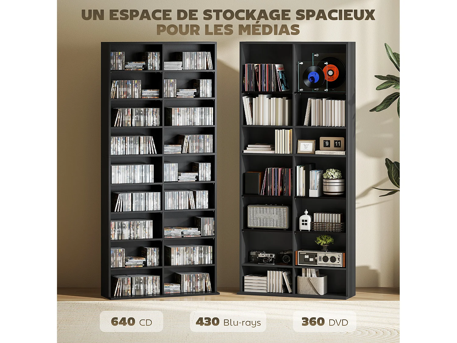 Étagère pour CD et DVD - 18 compartiments, 14 étagères réglables - 78,5x24x175cm - noir