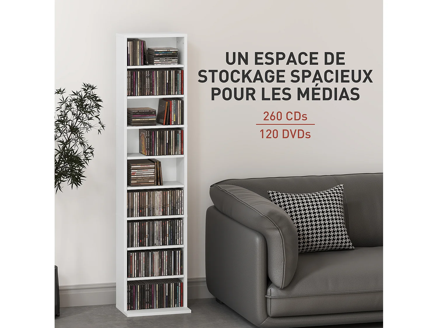 Étagère pour CD et DVD - 9 compartiments, 6 étagères réglables - 33x24x140cm - blanc