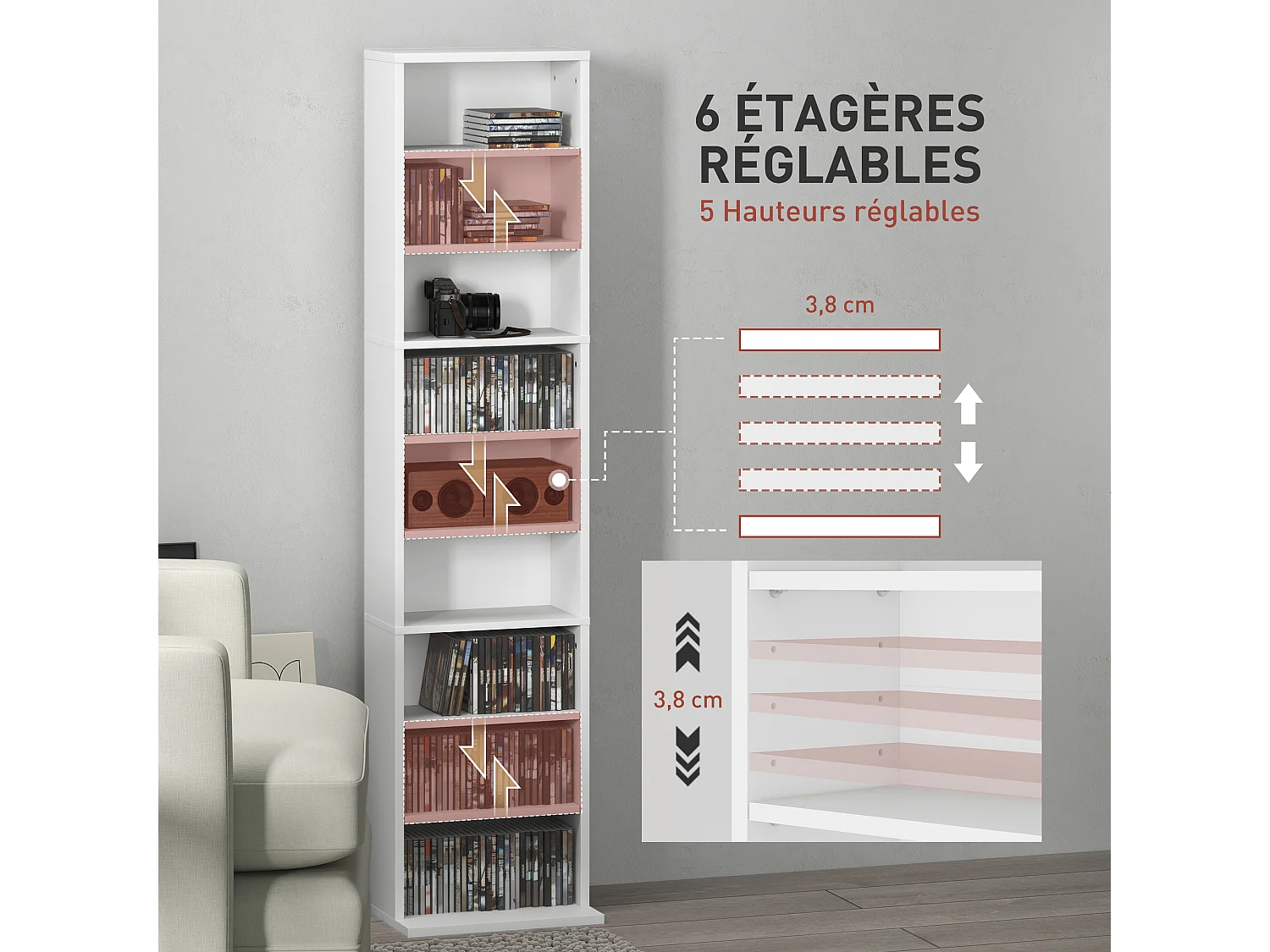 Étagère pour CD et DVD - 9 compartiments, 6 étagères réglables - 33x24x140cm - blanc