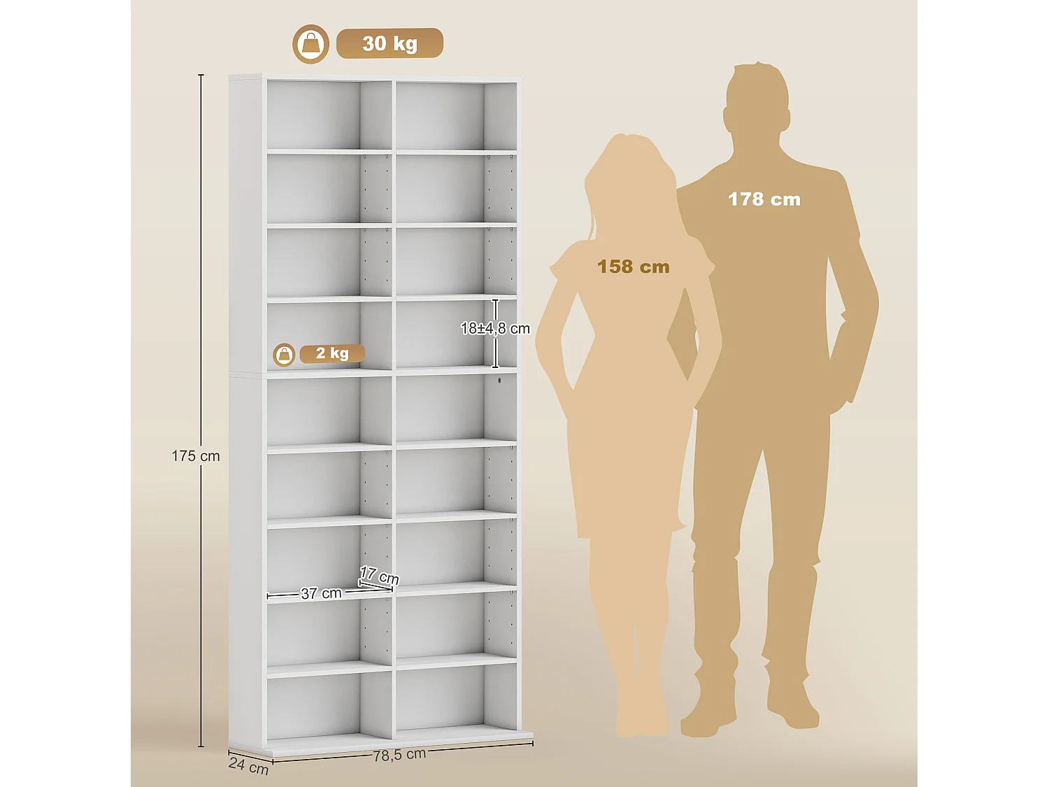 Étagère pour CD et DVD - 18 compartiments, 14 étagères réglables - 78,5x24x175cm - blanc