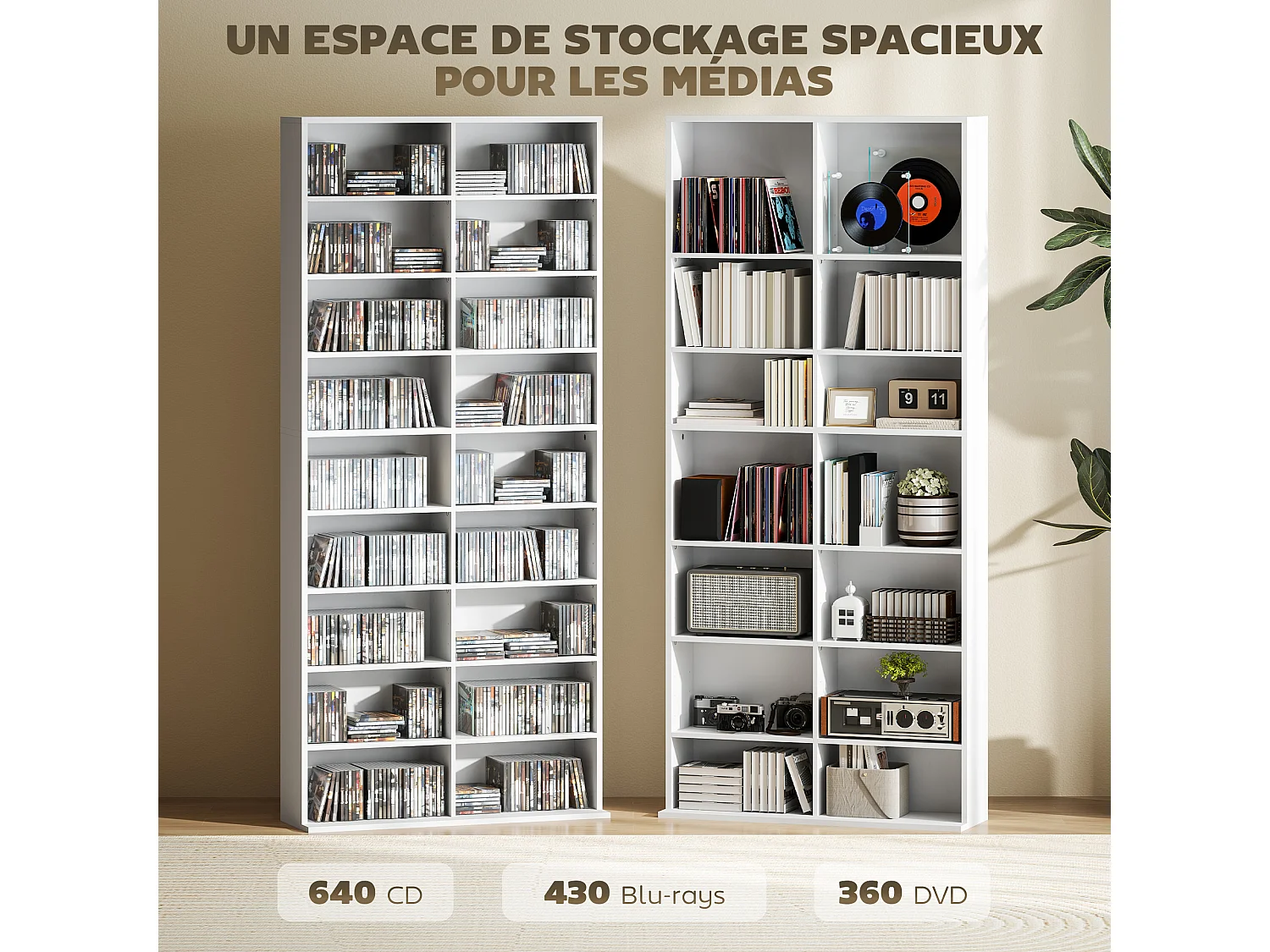 Étagère pour CD et DVD - 18 compartiments, 14 étagères réglables - 78,5x24x175cm - blanc