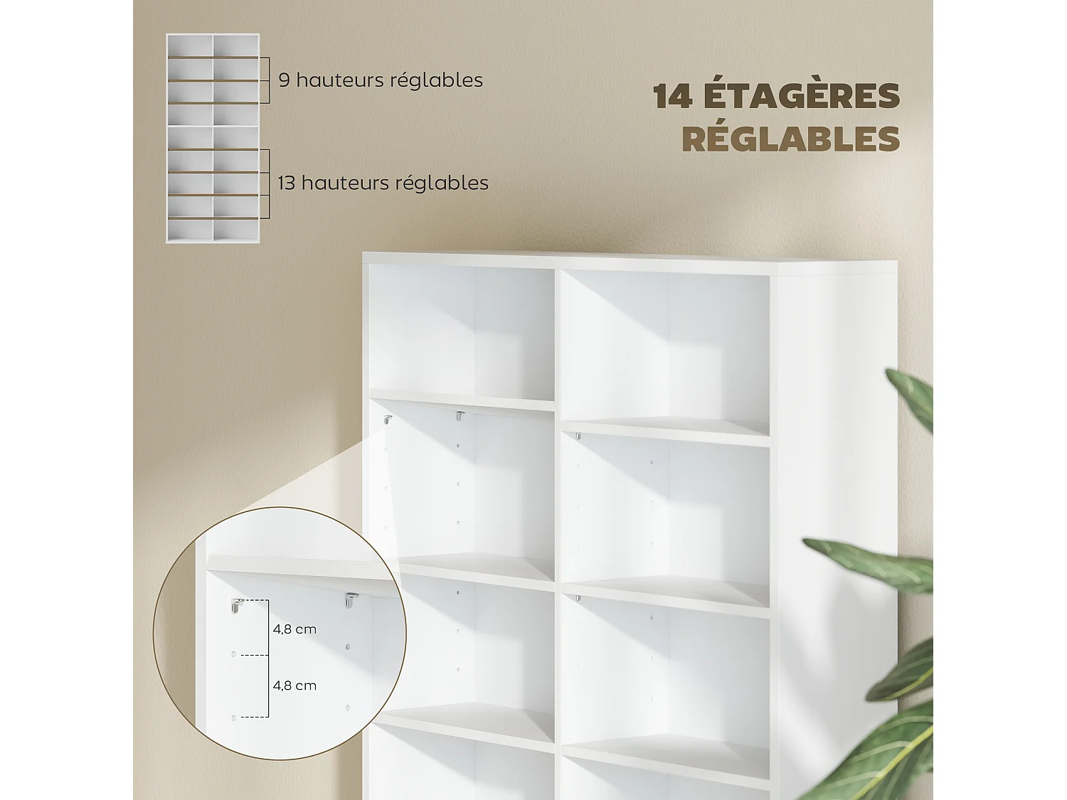 Étagère pour CD et DVD - 18 compartiments, 14 étagères réglables - 78,5x24x175cm - blanc