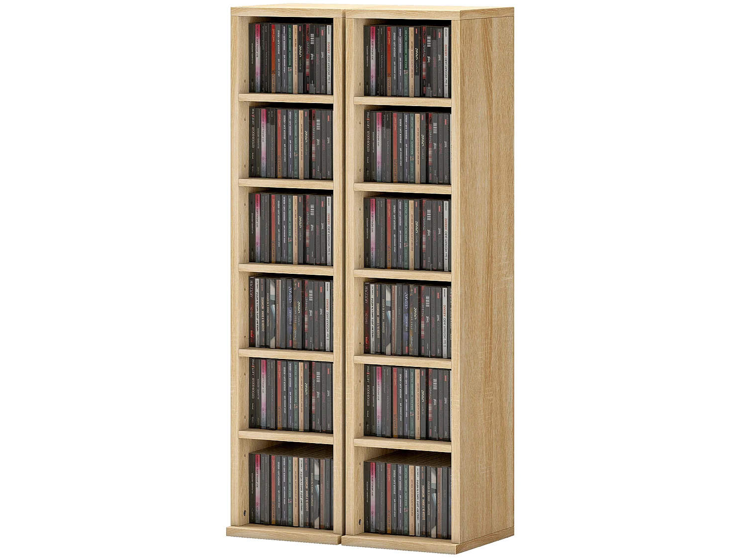 Étagère colonne rangement cd-dvd 6+6 compartiments effet bois chêne clair