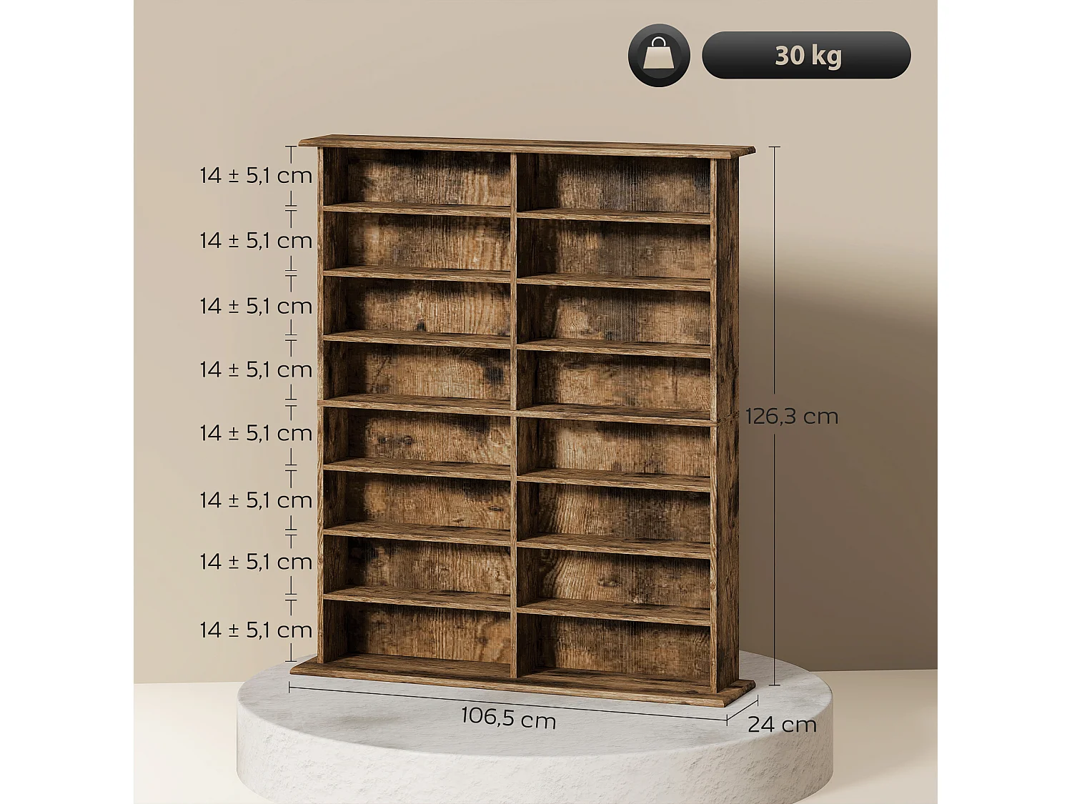 Étagère range CD - meuble rangement CD DVD - 16 compartiments, 12 étagères réglables - max 720 CD/396 DVD - bois