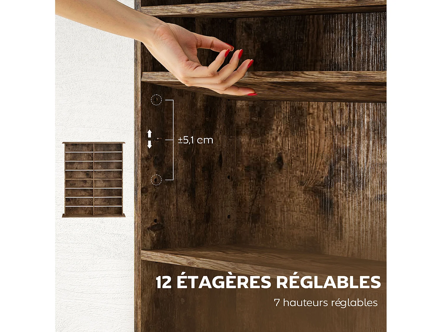 Étagère range CD - meuble rangement CD DVD - 16 compartiments, 12 étagères réglables - max 720 CD/396 DVD - bois