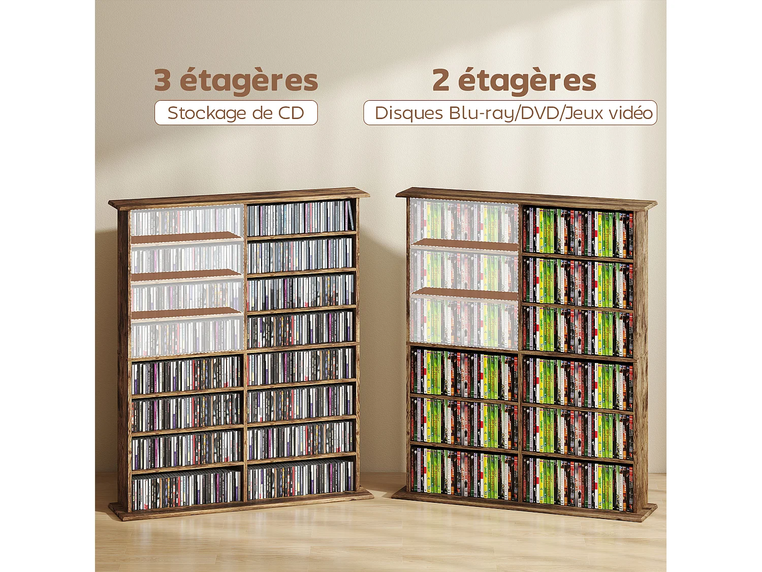 Étagère range CD - meuble rangement CD DVD - 16 compartiments, 12 étagères réglables - max 720 CD/396 DVD - bois