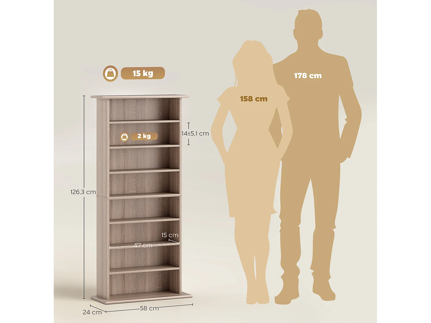 Étagère range CD - meuble rangement CD DVD - 8 compartiments, 6 étagères réglables - max 360 CD/185 DVD - naturel