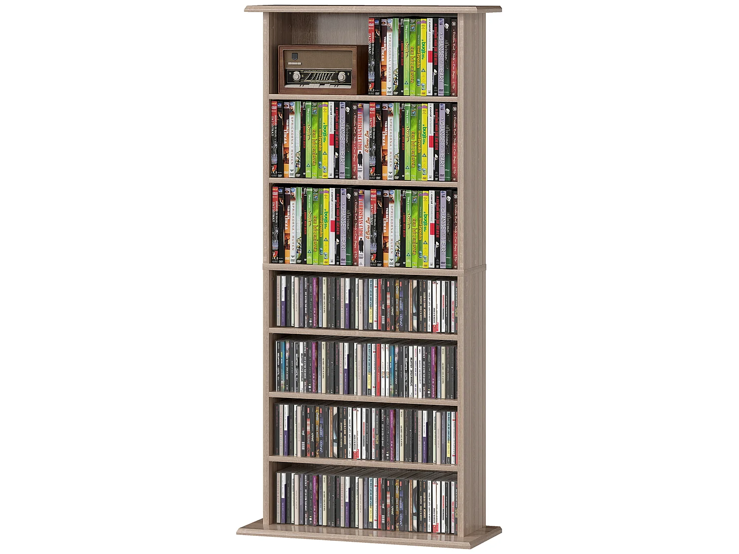 Étagère range CD - meuble rangement CD DVD - 8 compartiments, 6 étagères réglables - max 360 CD/185 DVD - naturel