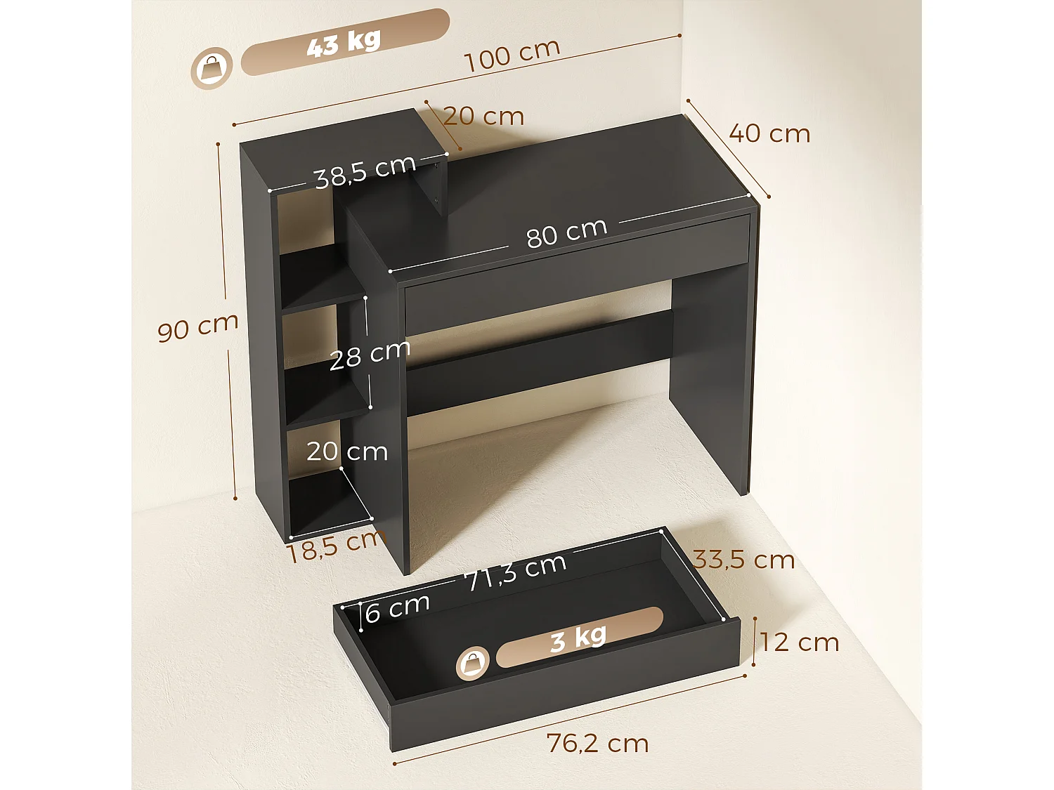 Bureau compact multi-rangement 100 x 40 x 90 cm noir