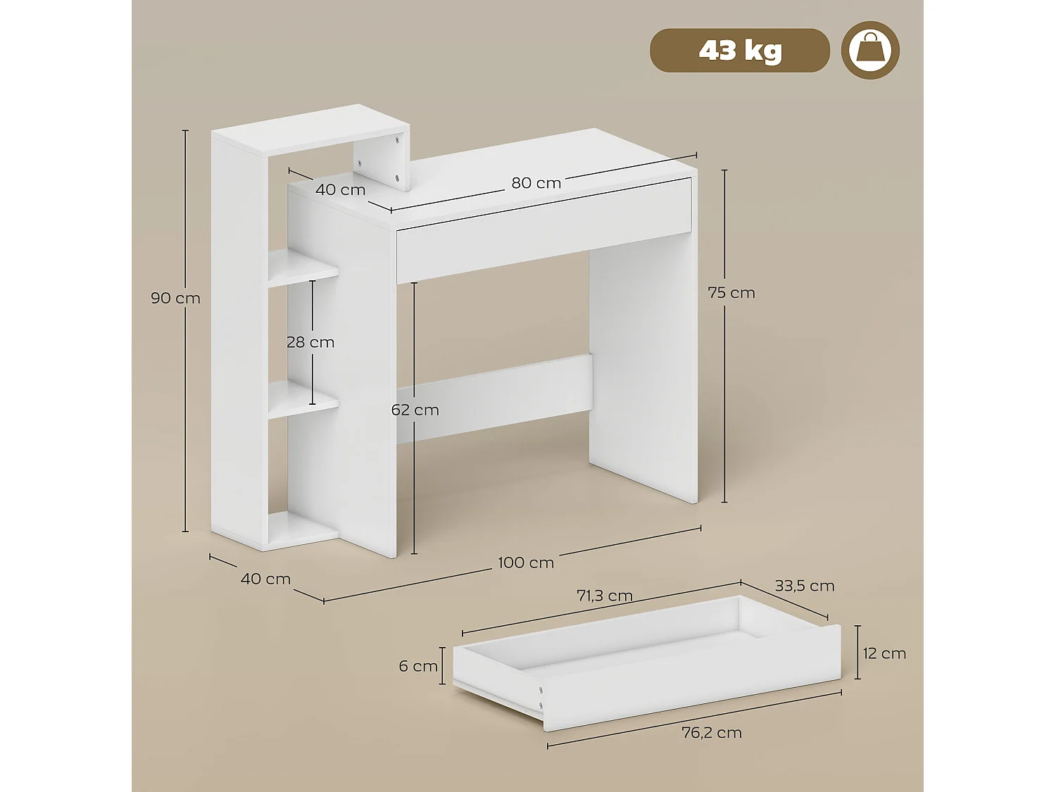 Bureau compact multi-rangement 100 x 40 x 90 cm blanc