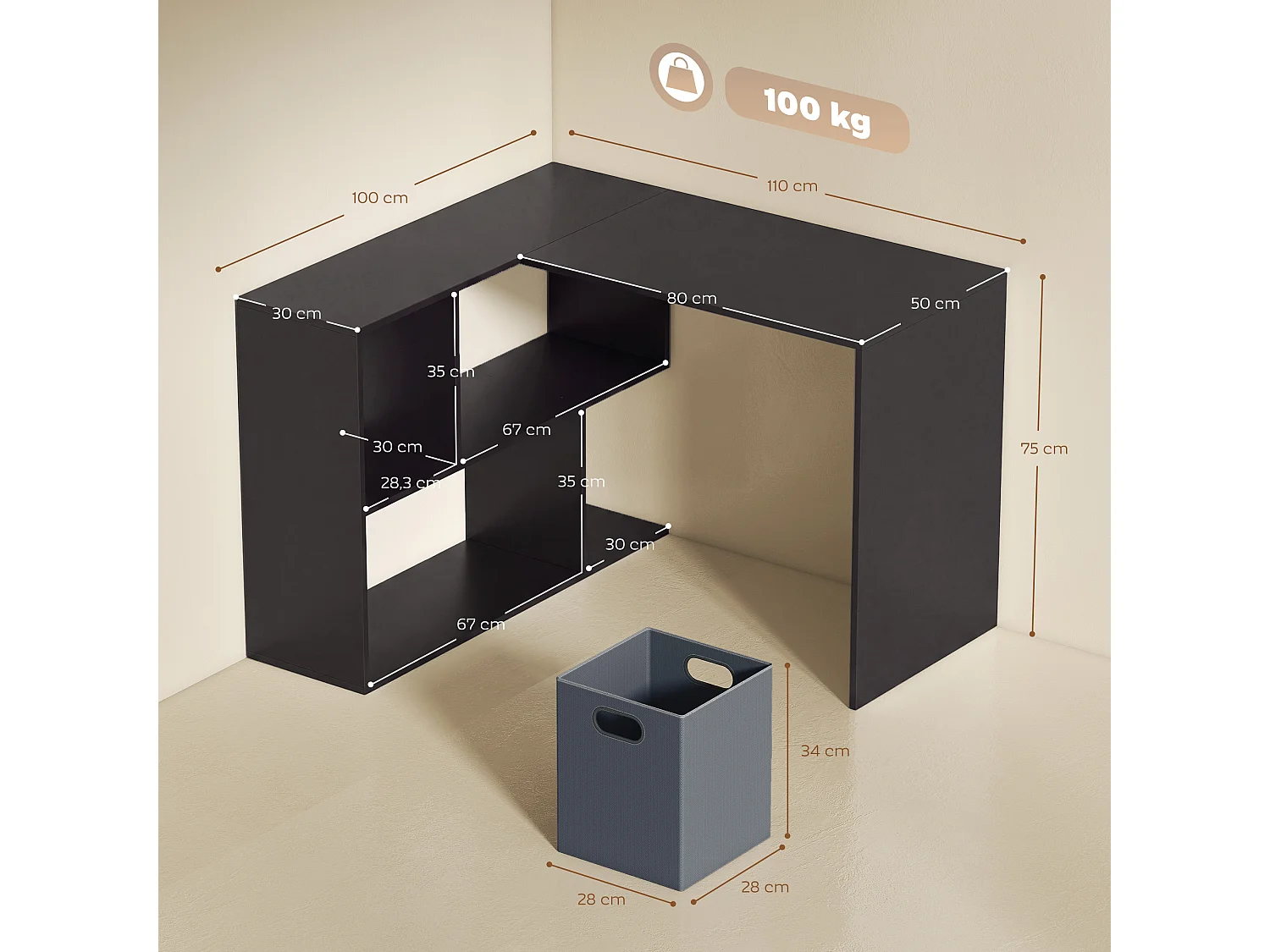 Bureau d'angle tiroir non tissé gris étagère 3 compartiments dim. 110 x 100 x 75 cm noir