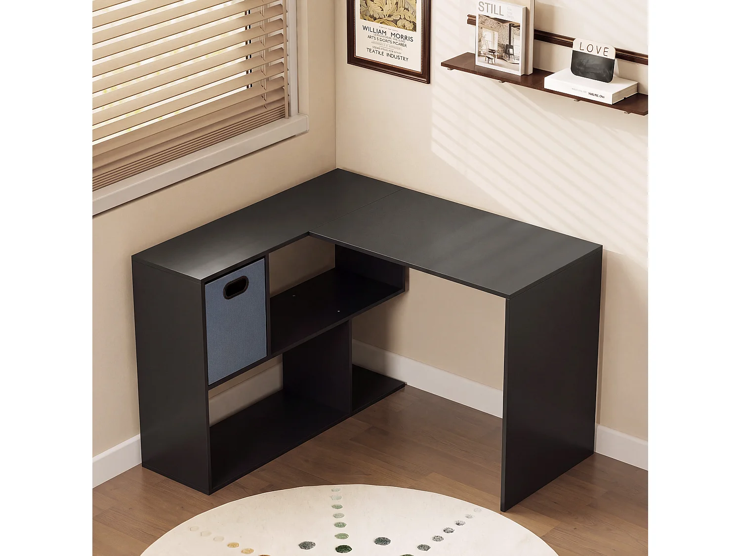 Bureau d'angle tiroir non tissé gris étagère 3 compartiments dim. 110 x 100 x 75 cm noir