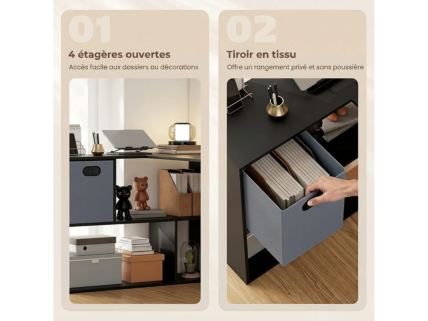Bureau d'angle tiroir non tissé gris étagère 3 compartiments dim. 110 x 100 x 75 cm noir
