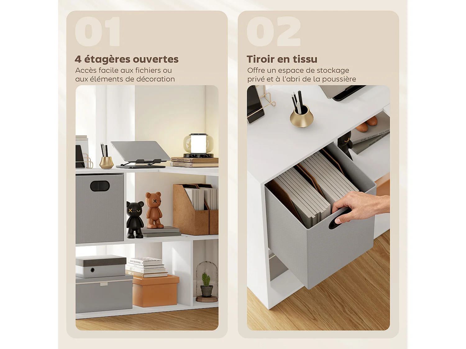 Bureau d'angle tiroir non tissé gris étagère 3 compartiments dim. 110 x 100 x 75 cm blanc