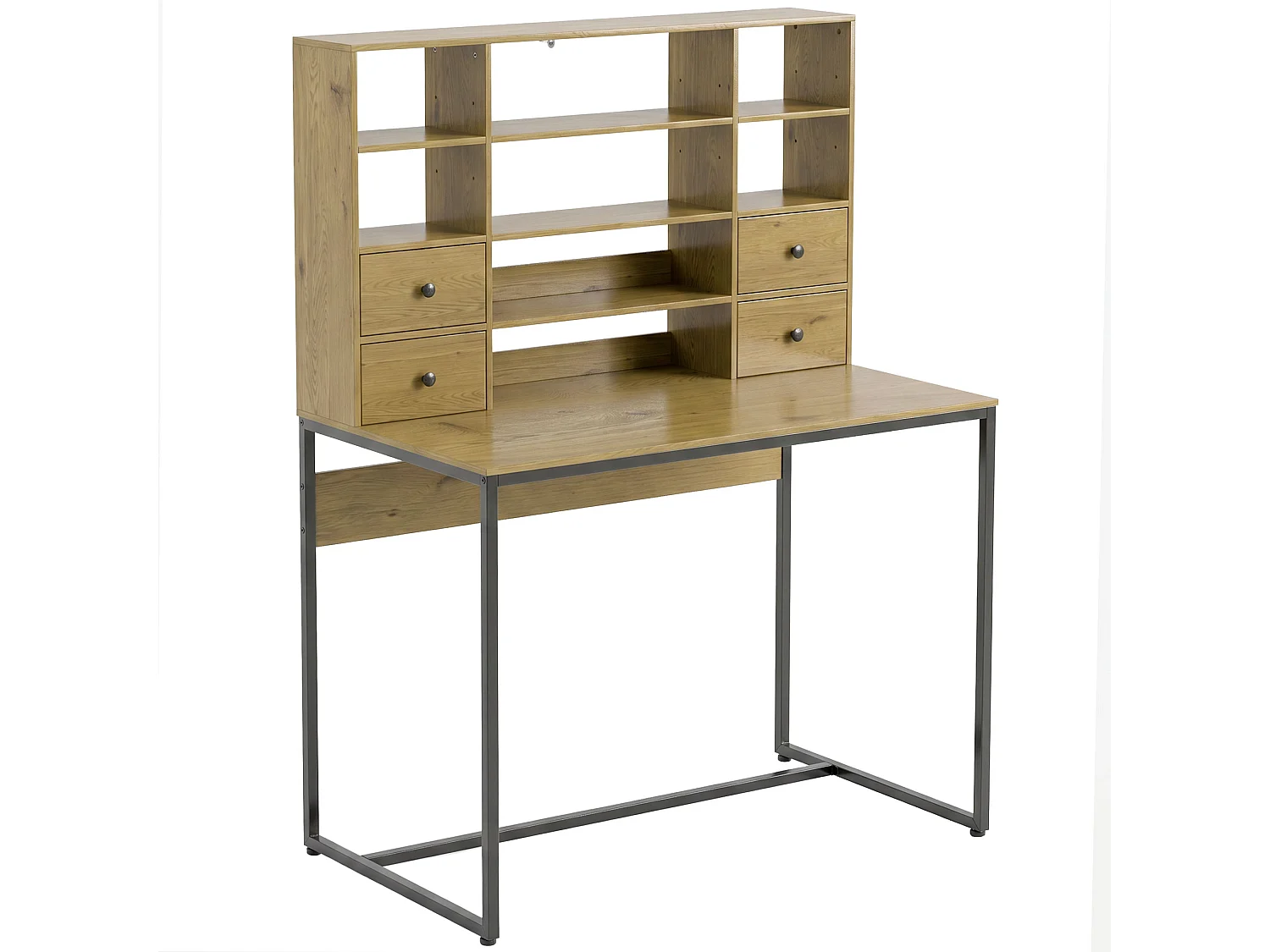 Bureau secrétaire 4 tiroirs 8 niches métal noir effet bois