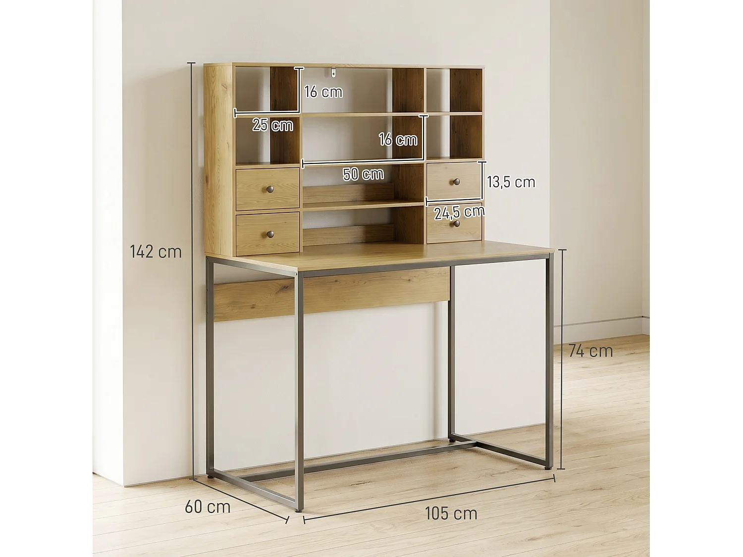Bureau secrétaire 4 tiroirs 8 niches métal noir effet bois