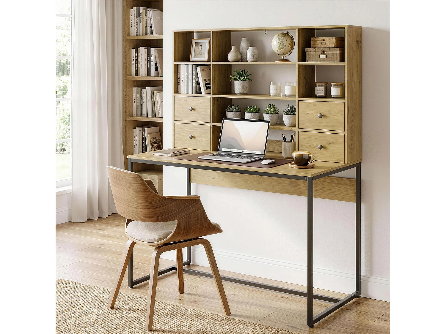Bureau secrétaire 4 tiroirs 8 niches métal noir effet bois