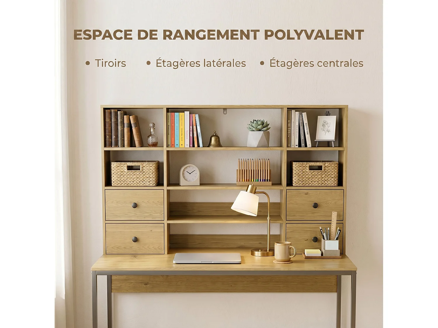 Bureau secrétaire 4 tiroirs 8 niches métal noir effet bois