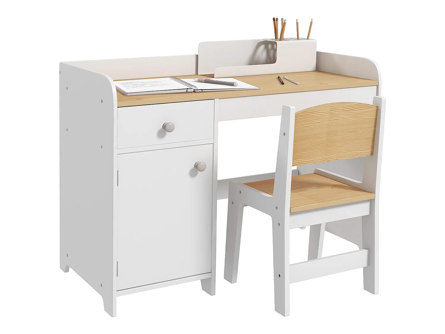 Ensemble bureau chaise enfant style nordique multi-rangement blanc effet bois clair