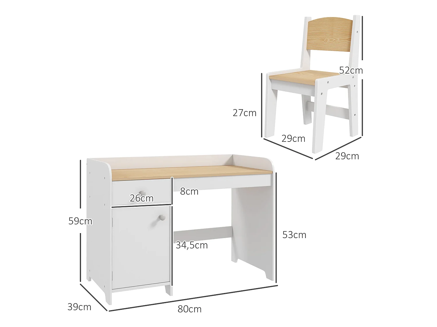 Ensemble bureau chaise enfant style nordique multi-rangement blanc effet bois clair