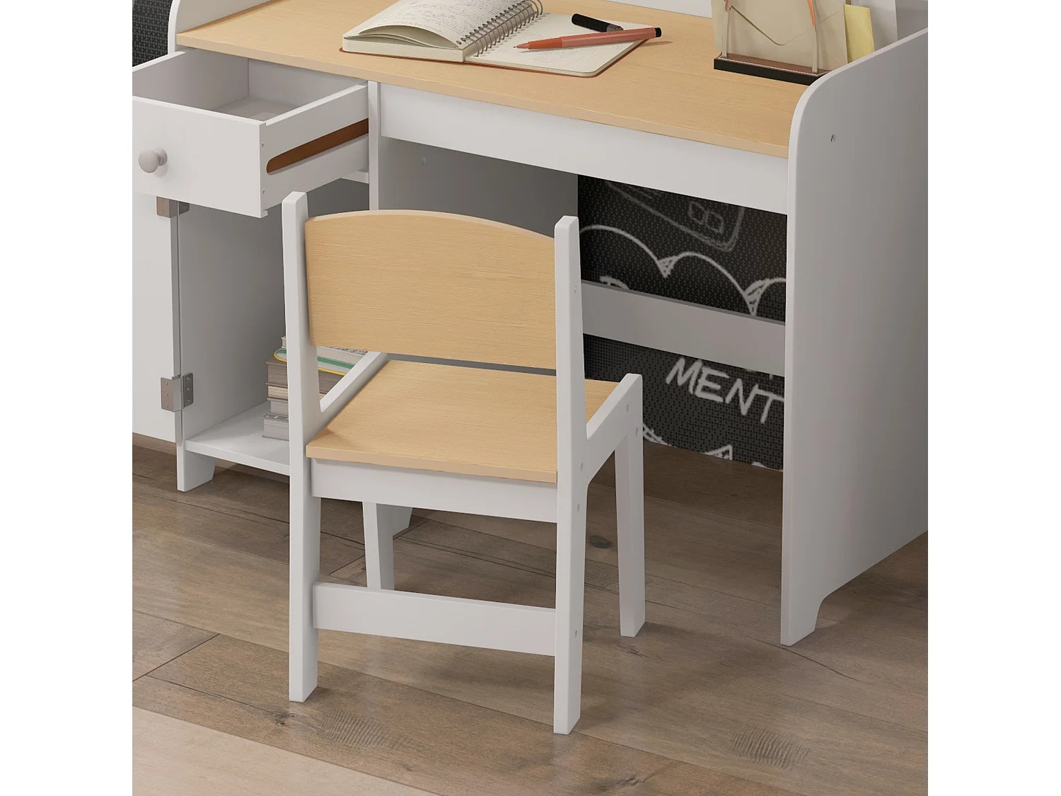 Ensemble bureau chaise enfant style nordique multi-rangement blanc effet bois clair