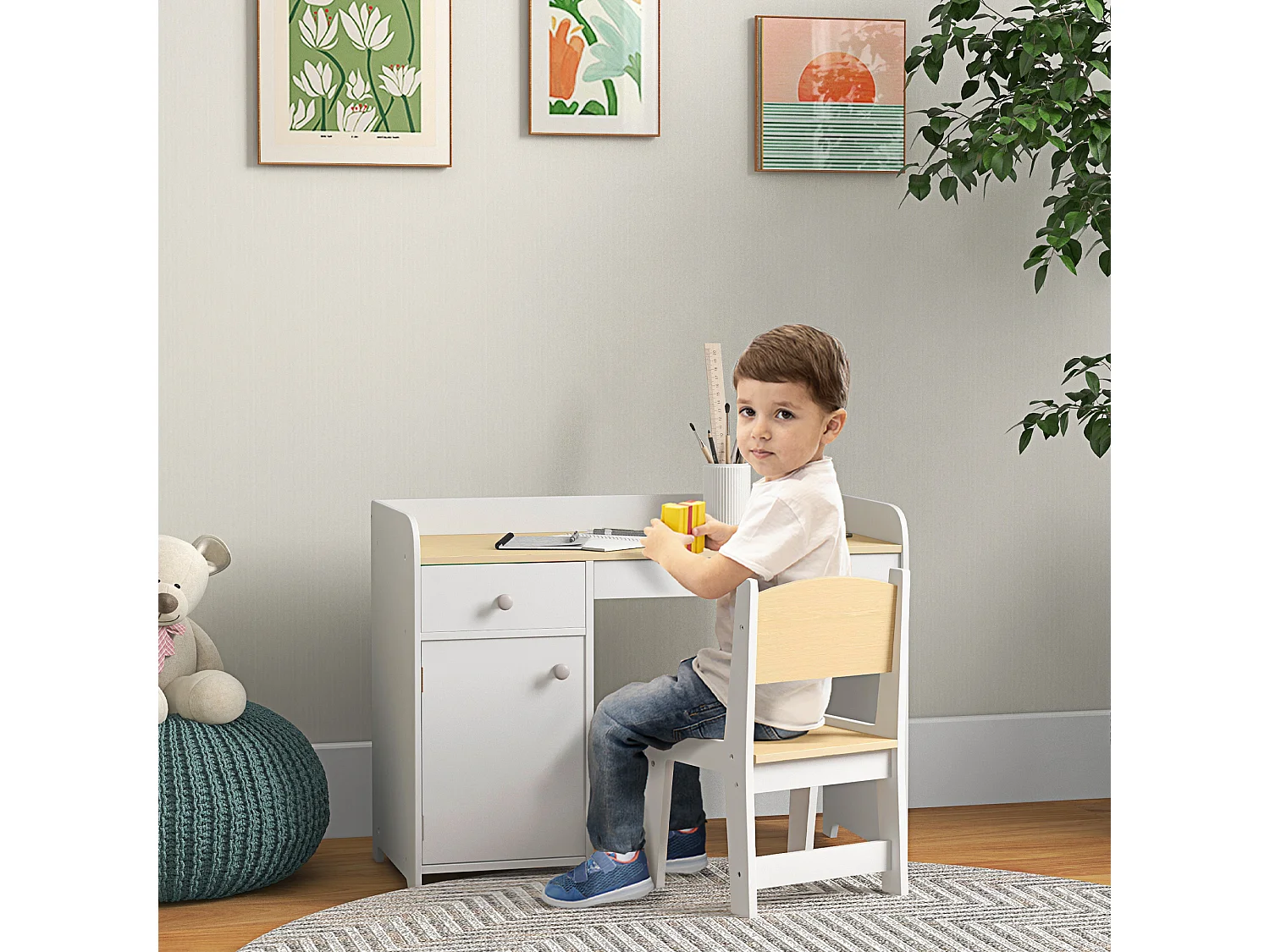 Ensemble bureau chaise enfant style nordique multi-rangement blanc effet bois clair
